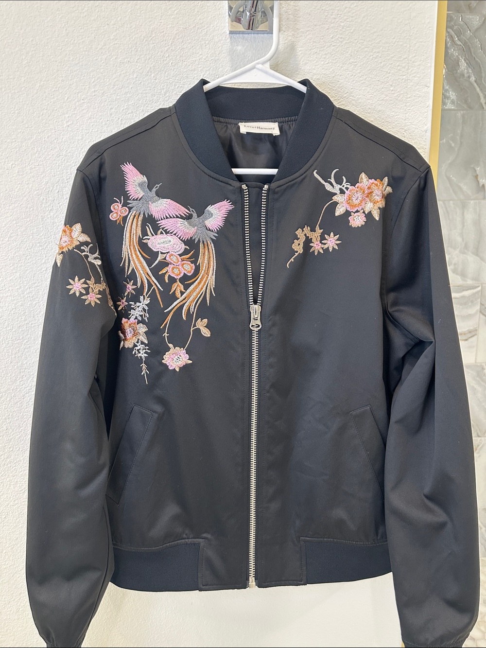 Black Bomber Jacket with Pink Floral & Bird Embroidery